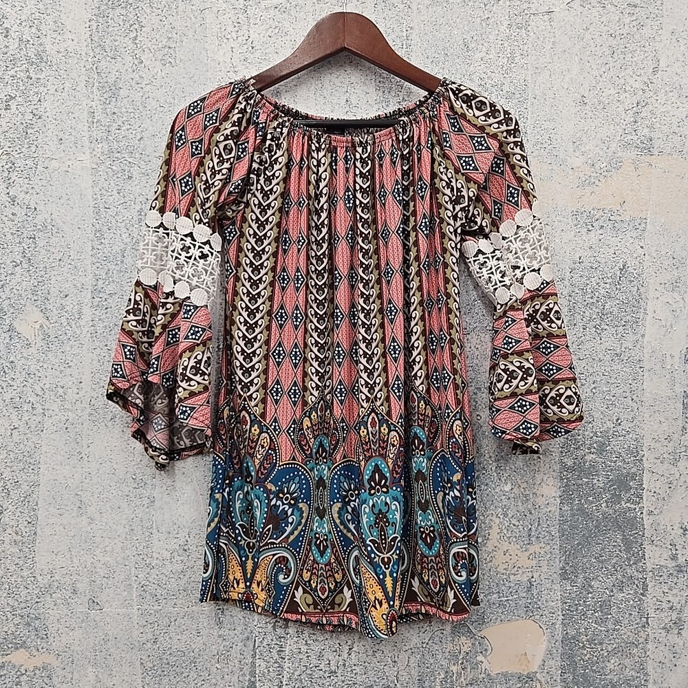 WinWin Women's Tunic S-M Multicolor Boho Pinwheel Sleeve Geometric Peasant Top
